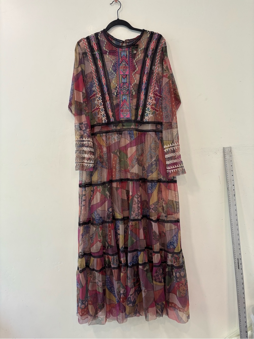Johnny Was Biya Gervase Sheer Maxi Dress Aztec Romantic Tiered Embroidered XL - Picture 1 of 5